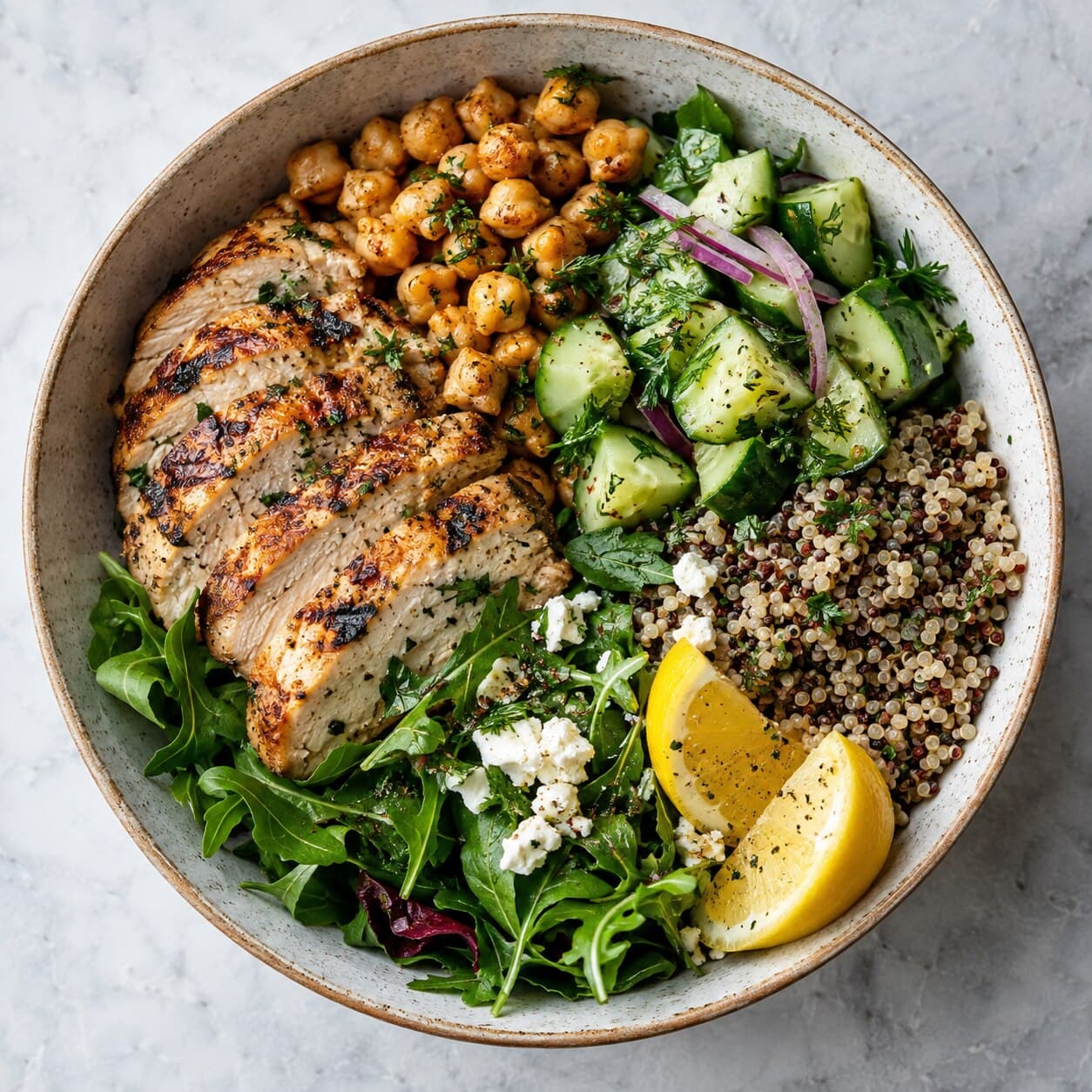 Bowl of chicken, chickpeas, grains and leafy greens